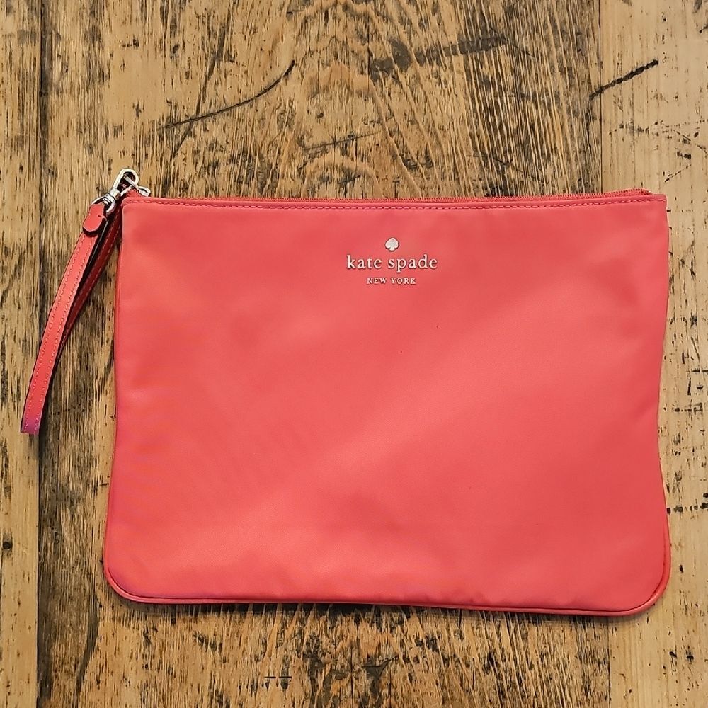 Kate Spade New York Coral Pink Nylon Wristlet Pouch Travel Makeup Bag